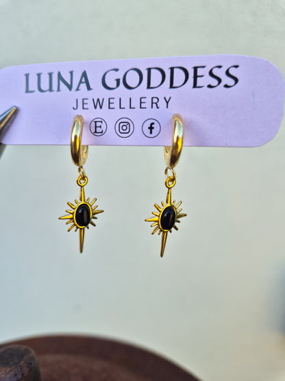 Gold Onyx Star Huggie Earrings