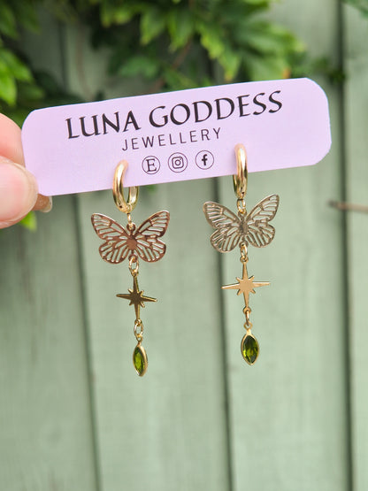 Butterfly Gem Huggie Earrings - Pink, Clear or Green