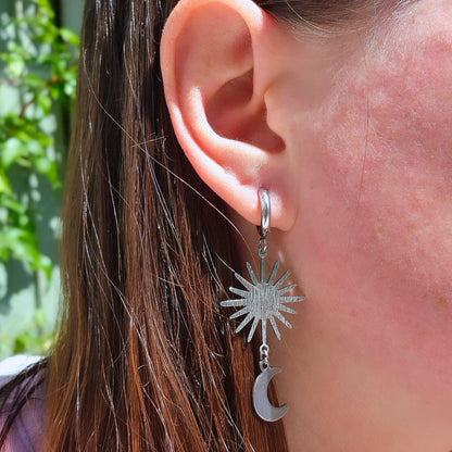 Stainless Steel Silver Sun & Moon Drop Earrings