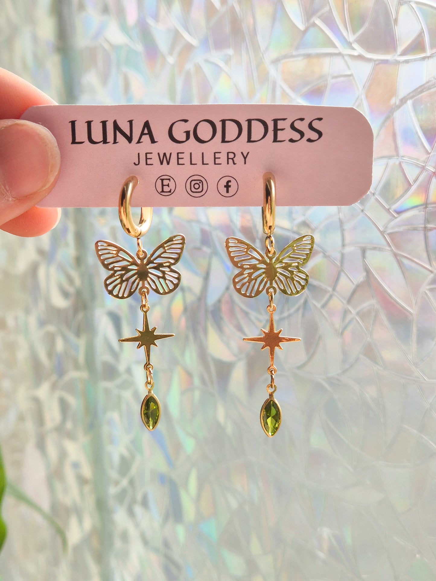 Green Butterfly Gem Huggie Earrings
