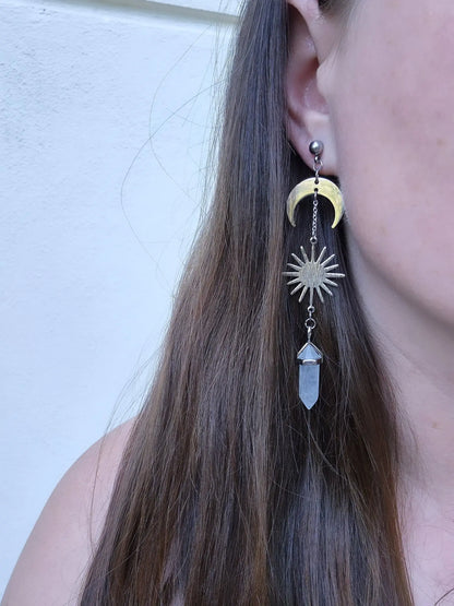 Celestial Sun Moon and Clear Quartz Stud Earrings