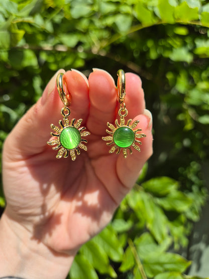 Green Sun Charm Stainless Steel Huggie Hoop Earrings