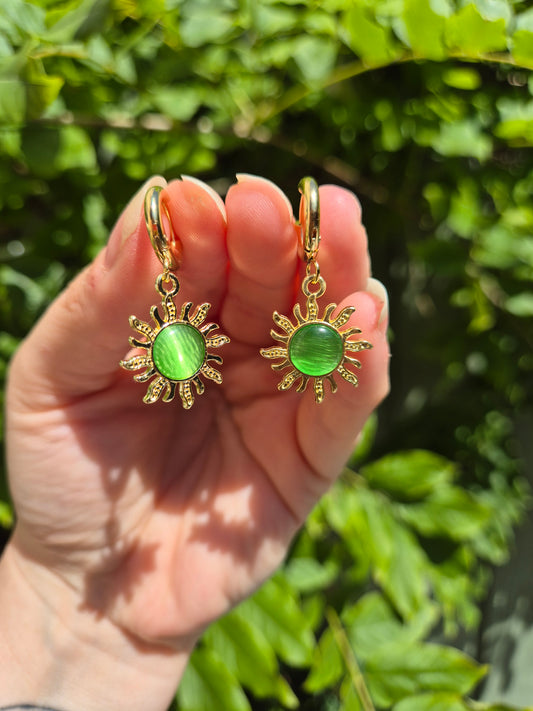 Green Sun Charm Stainless Steel Huggie Hoop Earrings