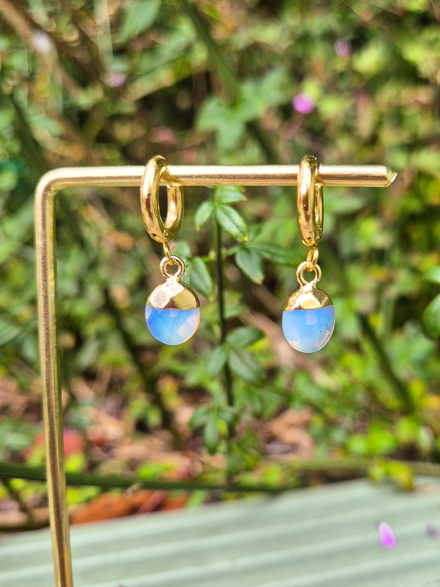 Opalite Huggie Hoop Droplet Earrings: 18k Gold Plated Stainless Steel