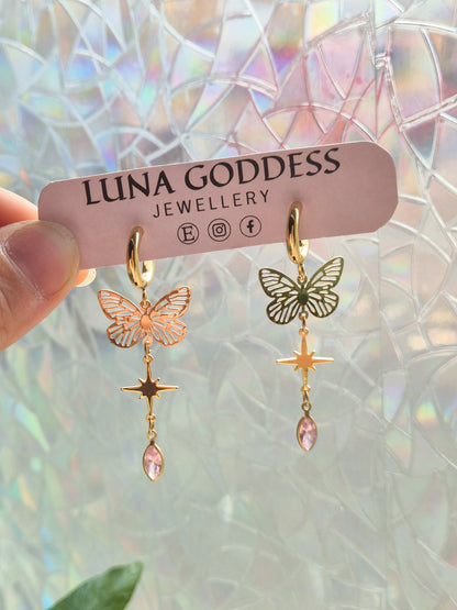 Butterfly Gem Huggie Earrings - Pink, Clear or Green