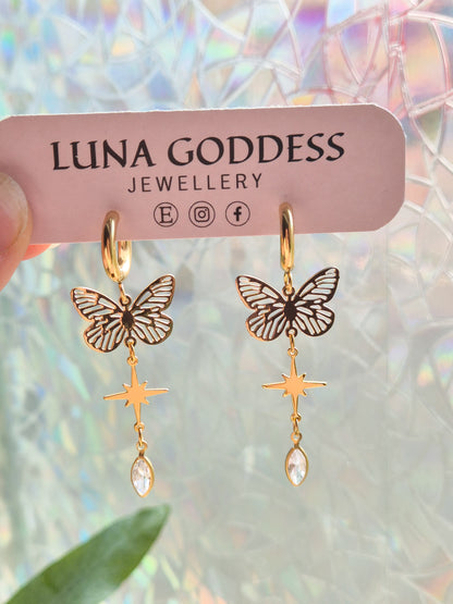Butterfly Gem Huggie Earrings - Pink, Clear or Green