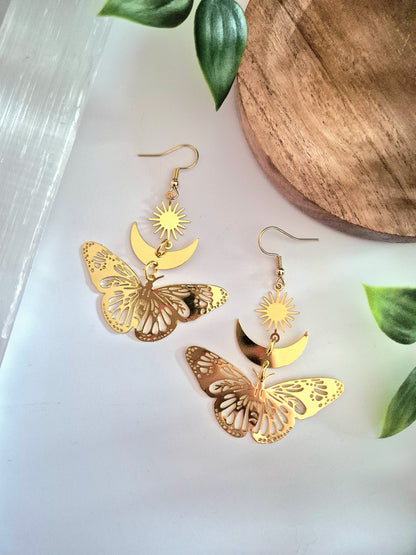 Gold Sun, Moon and Butterfly Earrings