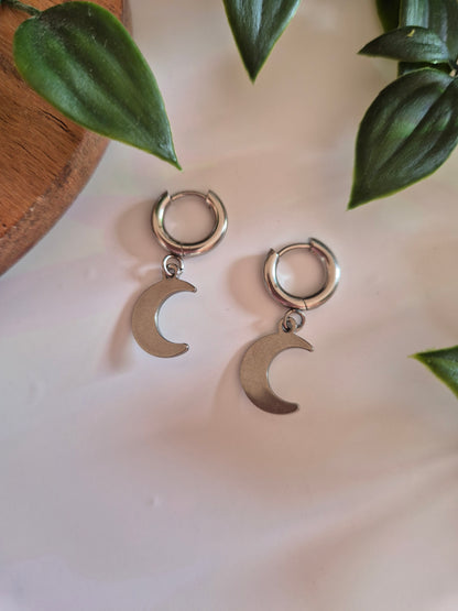 Stainless Steel Crescent Moon Huggie Hoops