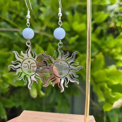 Sterling Silver Sun Face Earrings with Angelite Beads